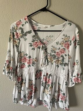 White Floral Tie-Front Peasant Tunic